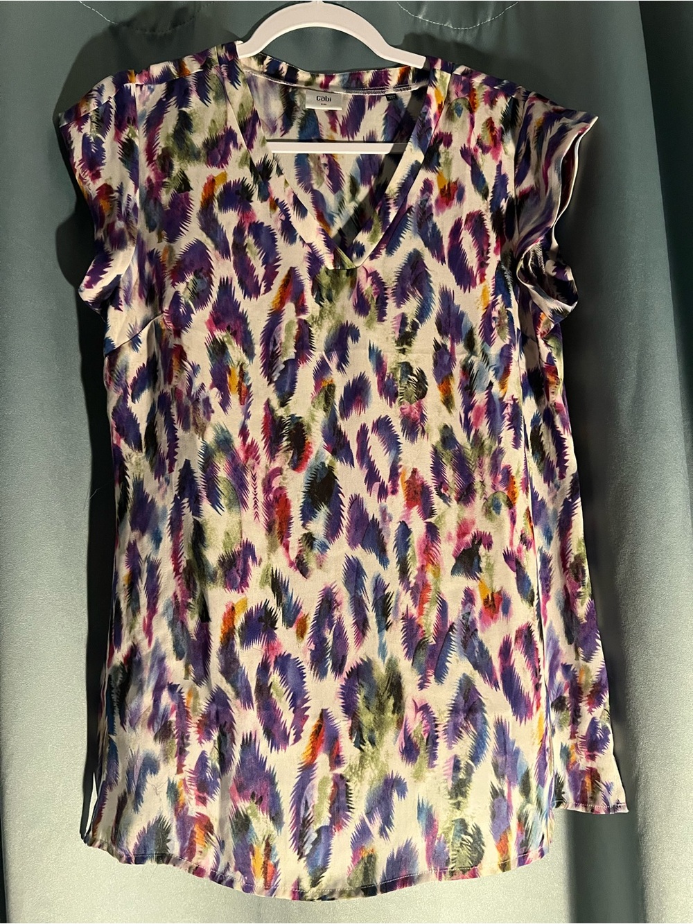 Cabi Multicolor Feather Printed V-Neck Short-Sleeve Blouse Shirt S